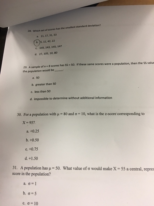 Solved 28 Which Set Of Scores Has The Smallest Standard Chegg Com