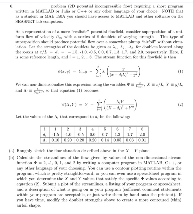 6. problem (2D potential incompressible flow) requiring a short program written in MATLAB or Julia or C++ or any other language of your choice. NOTE that as a student in MAE 150A you should have access to MATLAB and other software on the SEASNET lab computers As a representation of a more realistic potential flowfield, consider superposition of a uni form flow of velocity U with a series of 8 doublets of varying strengths. This type of superposition should produce potential flow over a somewhat plump airfoil without circ- lation. Let the strengths of the 

<div class=
