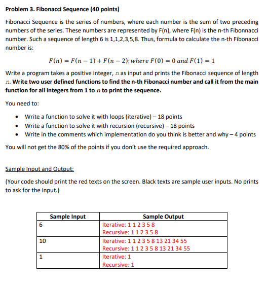 Solved Problem 3 Fibonacci Sequence 40 Points Fibonacci Sequence Series Numbers Number Sum Two Pr Q