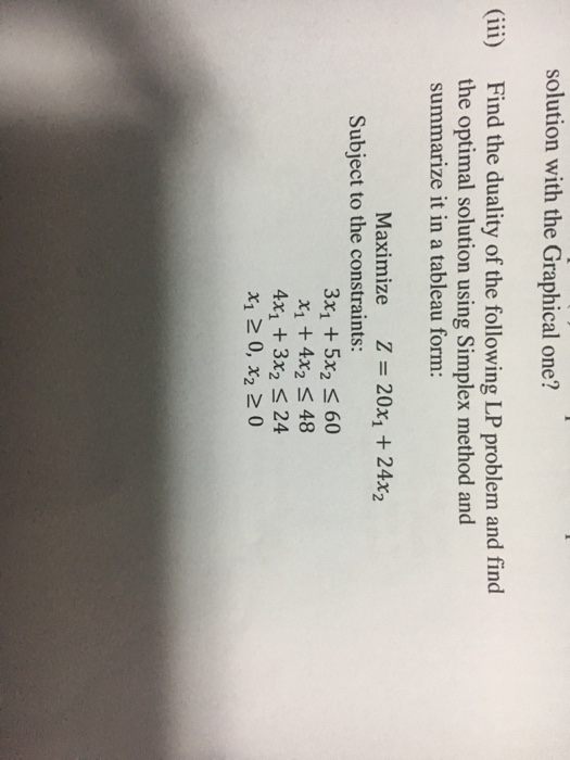 solution with the Graphical one? (iii) Find the duality of the following LP problem and find the optimal solution using Simpl