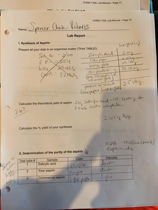 Solved Calculate Theoretical Yield Of Aspirin Then Calcu Chegg Com