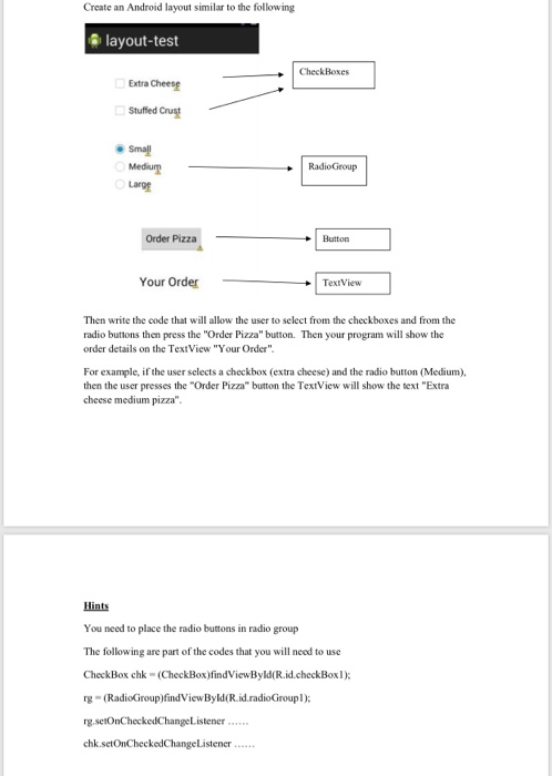 Create an Android layout similar to the following a layout-test → CheckBoxes Extra Chee Stuffed Cru @ Sm벳 Mediu里 RadioGroup O