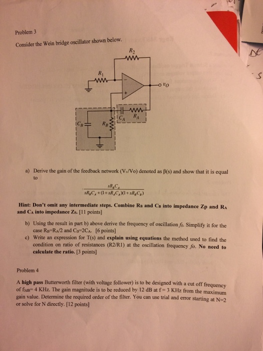 Solved Consider The Wein Bridge Oscillator Shown Below D Chegg Com