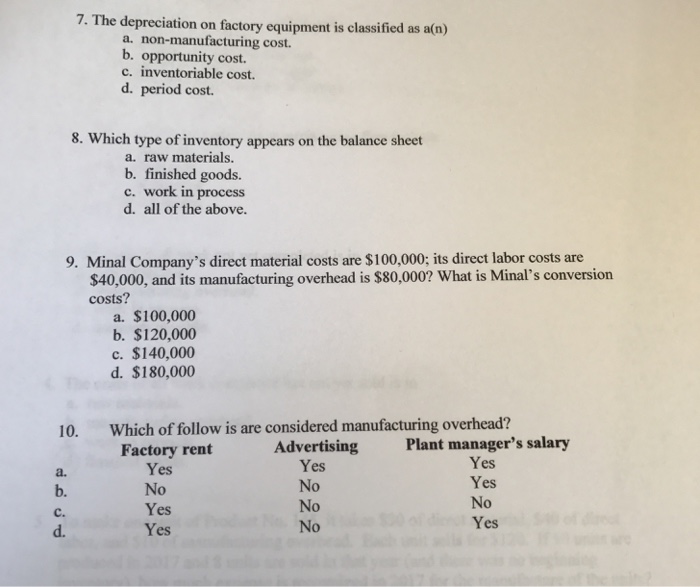 Solved 7 The Depreciation On Factory Equipment Is Chegg Com