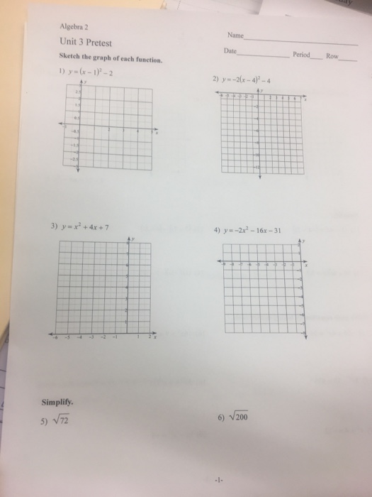 Solved Algebra 2 Unit 3 Pretest Sketch The Graph Of Each