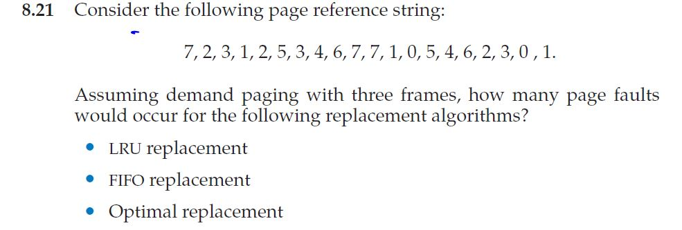 8.21 Consider the following page reference string: 7, 2, 3, 1, 2, 5, 3, 4, 6,7, 7,1, 0, 5, 4, 6, 2, 3,0,1 Assuming demand pag
