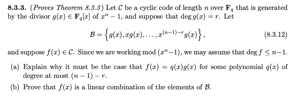 Theorem 8 3 3 Let C Be A Cyclic Code Of Length N Chegg Com