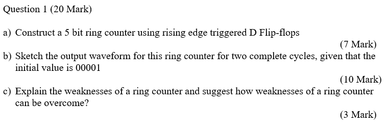 uestion 1 (20 Mark) a) Construct a 5 bit ring counter using rising edge triggered D Flip-flops (7 Mark) b) Sketch the output