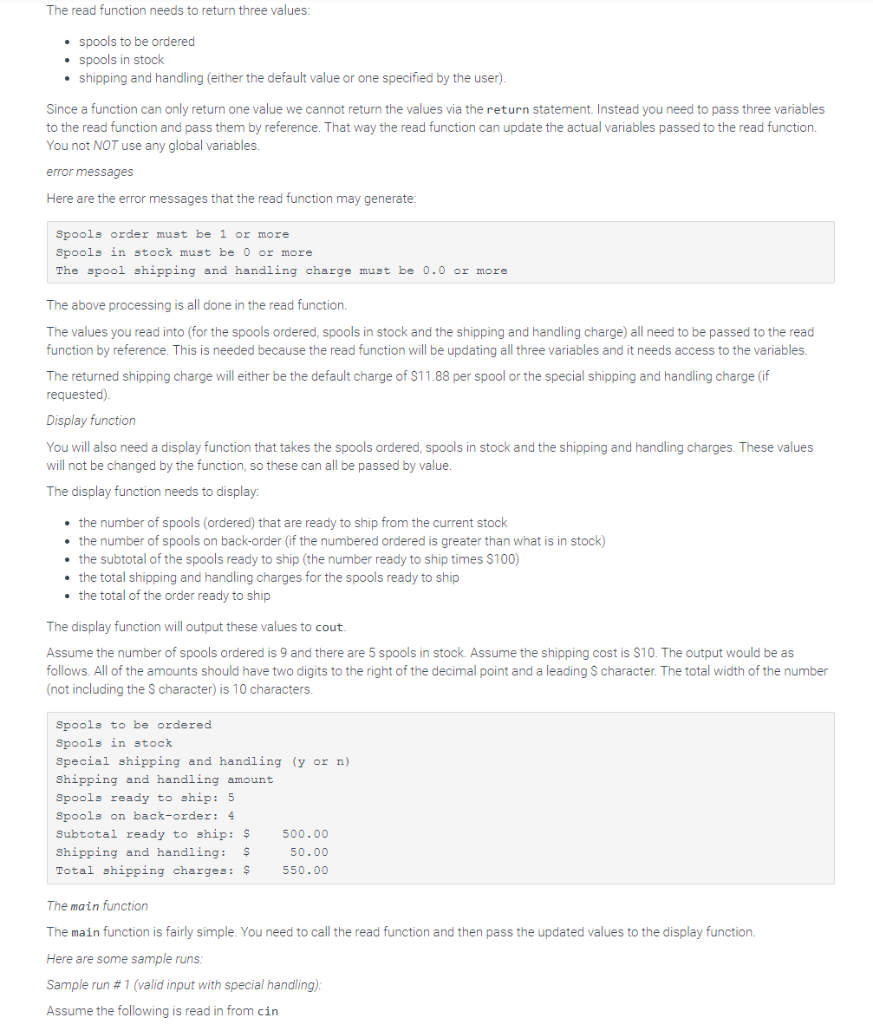 The read function needs to return three values spools to be ordered spools in stock shipping and handling (either the default