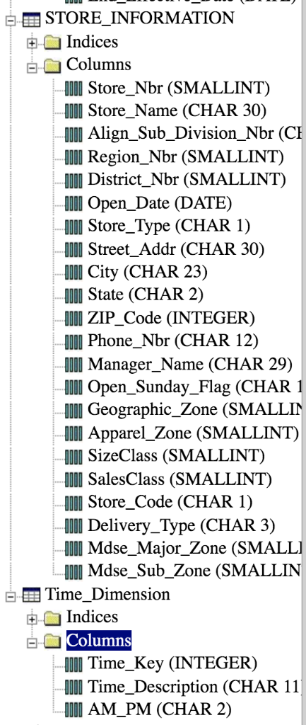 白-STORE-INFORMATION Indices Columns I Store Nbr (SMALLINT) l Store_Name (CHAR 30) OI Align Sub_Division_Nbr (C 00 Region_Nbr