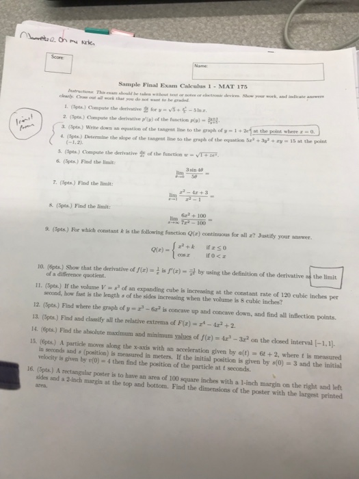 Solved Score Name Sample Final Exam Calculus 1 Mat 175