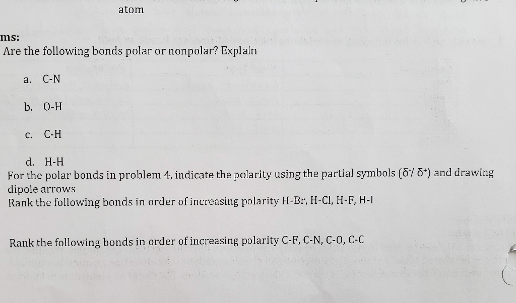 Solved Atom Ms Are The Following Bonds Polar Or Nonpolar Chegg Com