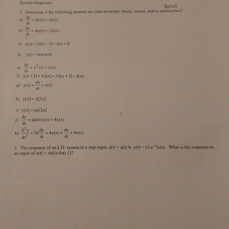 Solved System Properties Ponus 1 Determine If The Following Chegg Com