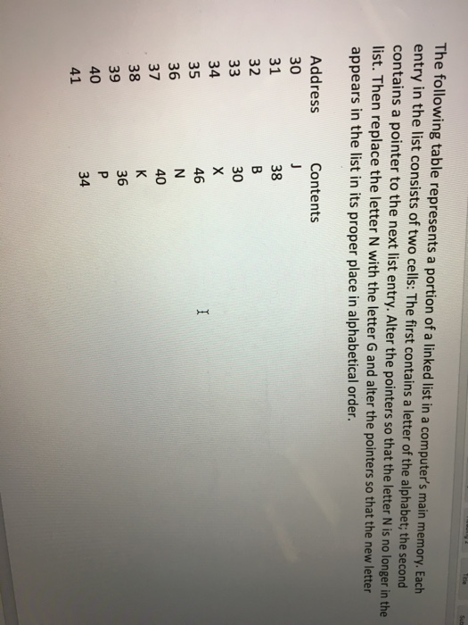 The following table represents a portion of a linked list in a computers main memory. Each entry in the list consists of two