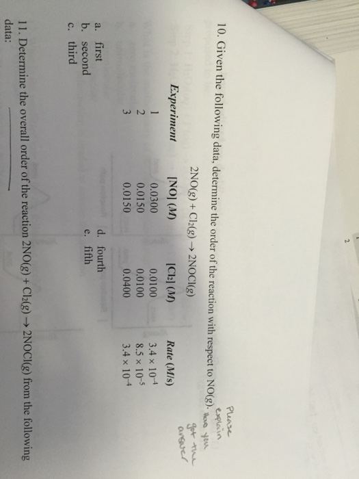 Solved 10 Given The Following Data Determine The Order Chegg Com