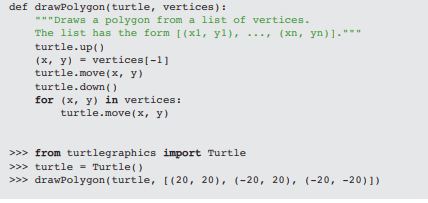 def drawPolygon(turtle, vertices): Draws a polygon from a list of vertices The list has the form [(xl, yl), , (xn. yn)1. tur