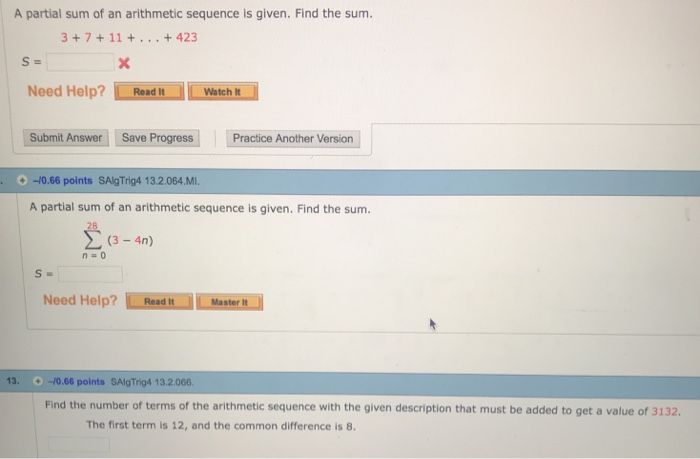 Solved A Partial Sum Of An Arithmetic Sequence Is Given