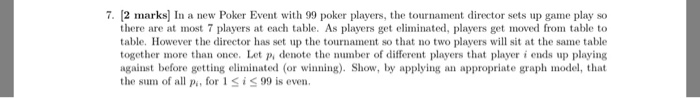 7. 2 marks) In a new Poker Event with 99 poker players, the tournament director sets up game play so there are at most 7 players at each table. As players get eliminated, players get moved from table to table. However the director has set up the tournament so that no two players will sit at the same table together more than once. Let p, denote the number of different players that player i ends up playing against beforeng eliminated (or winning) Show, by applying an appropriate graph model, that the sum of all p, for 1 SiS 99 is even.