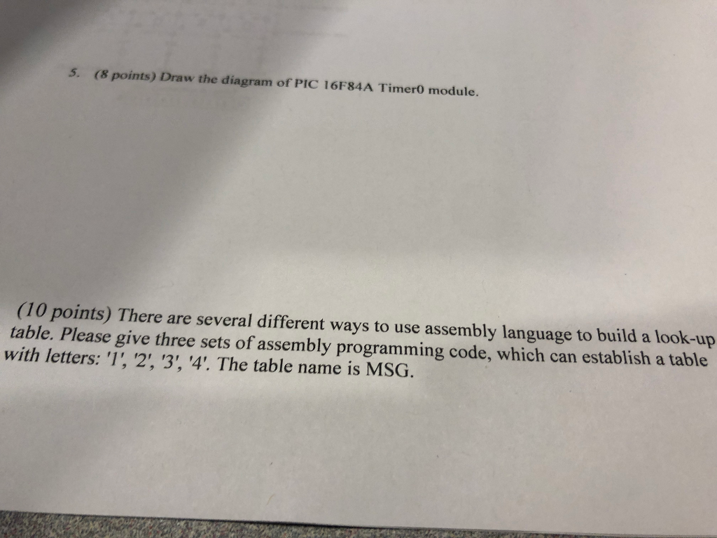 5. (8 points) Draw the diagram of PIC 16F84A Timer0 module. (10 points) There are several different ways to use assembly lang