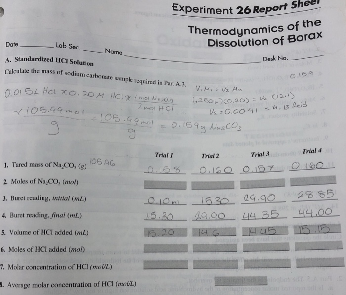 Experiment 26 Report S Thermodynamics Of The Chegg 