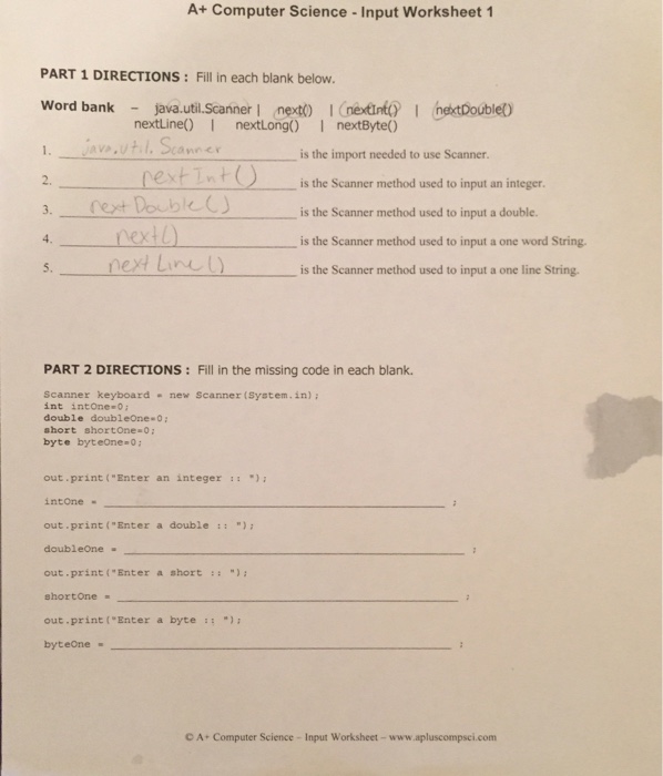 A Puter Science Input Worksheet 1 Part 1 Chegg 