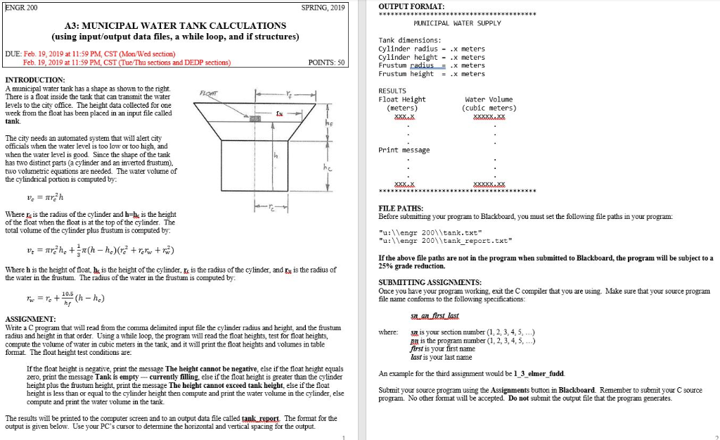 OUTPUT FORMAT: ENGR 200 SPRING, 2019 MUNICIPAL WATER SUPPLY A3: MUUNICIPAL WATER TANK CALCULATIONS (using input/output data f