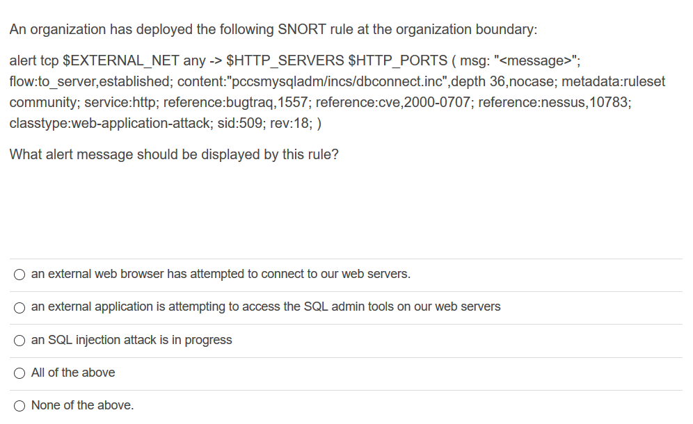 An organization has deployed the following SNORT rule at the organization boundary: alert tcp SEXTERNAL NET any->SHTTP SERVER