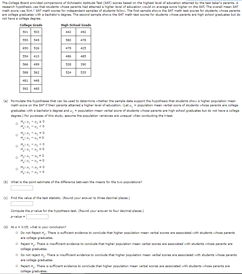 Answered: The College Board provided comparisons…