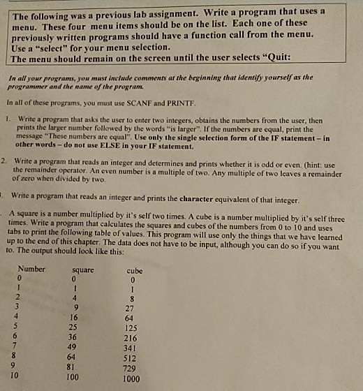 The following was a previous lab assignment. Write a program that uses a menu. These four menu items should be on the list. E
