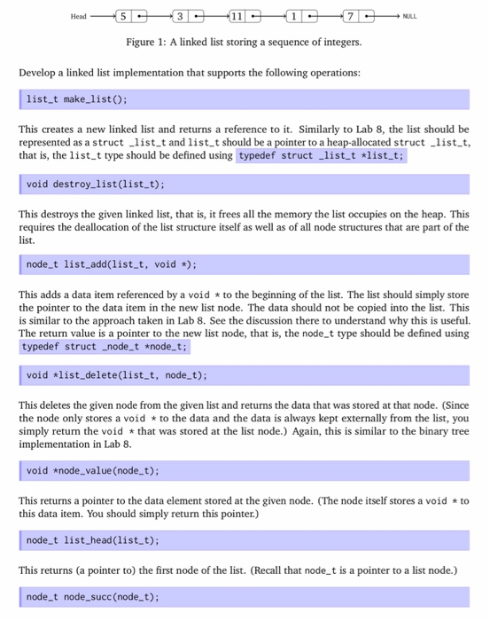 Figure 1: A linked list storing a sequence of integers. Develop a linked list implementation that supports the following oper