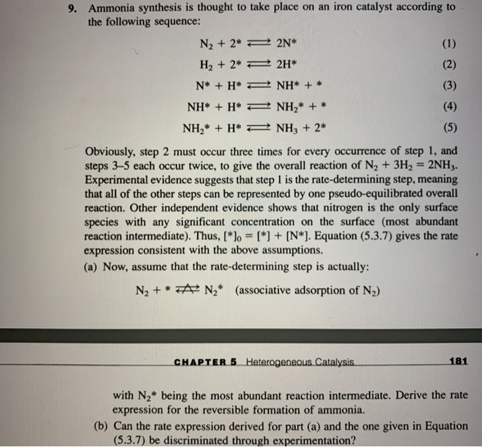 9. ammonia synthesis is thought to take place on an iron catalyst according to the following sequence: n*h*nh*+* obviously, s