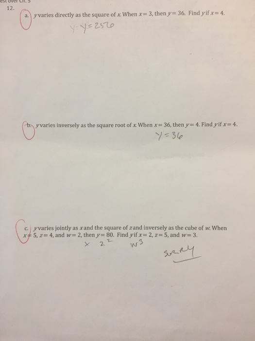 Solved A Y Varies Directly As The Square Of X When X 3 Chegg Com