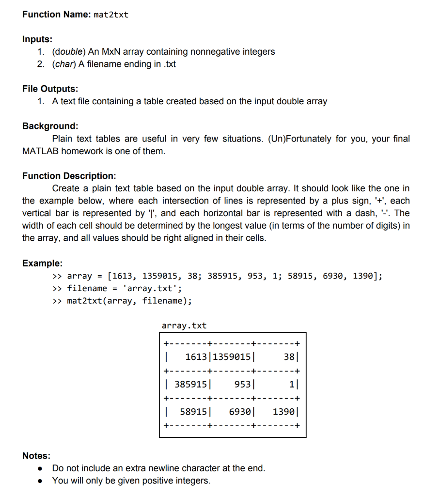 Function Name: mat2txt Inputs 1. (double) An MxN array containing nonnegative integers 2. (char) A filename ending in .txt Fi