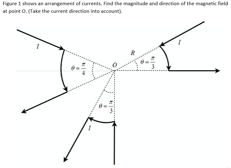 Figure 1 shows an arrangement of currents. Find the magnitude and direction of the magnetic field at point O. (Take the current direction into account) 3:
