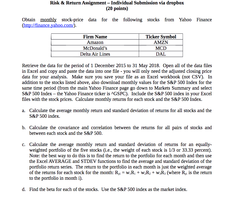 Solved Risk Return Assignment Individual Submission V Chegg Com