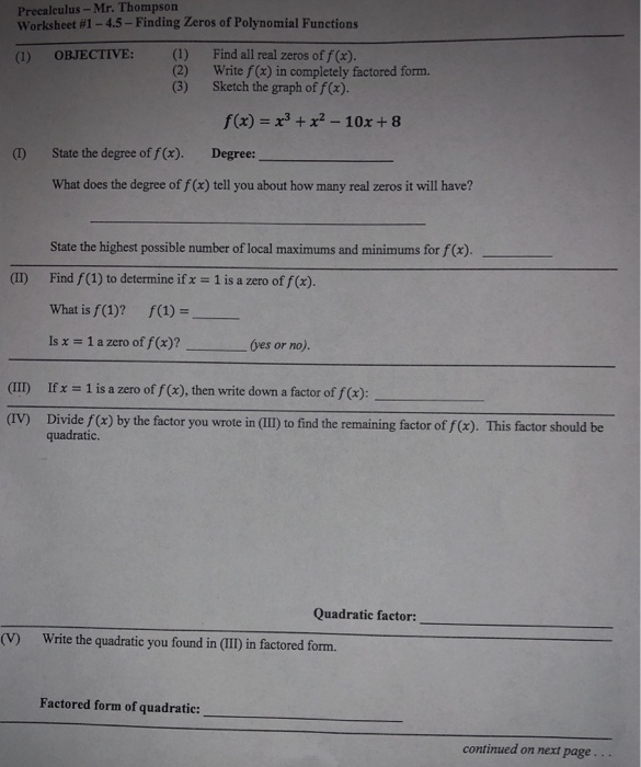 Solved Precalculus Mr Thompson Worksheet 1 45 Finding