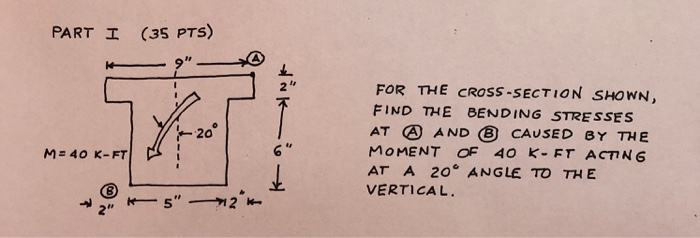 PART (35 PTS) FOR THE CROSS -SECTION SHOWN, FIND THE BENDING STRESSES AT AND CAUSED BY THE MOMENT OF 40 K-FT ACTING AT A 20 ANGLE TO TH E VERTICAL. 20 M= 40 K-FT