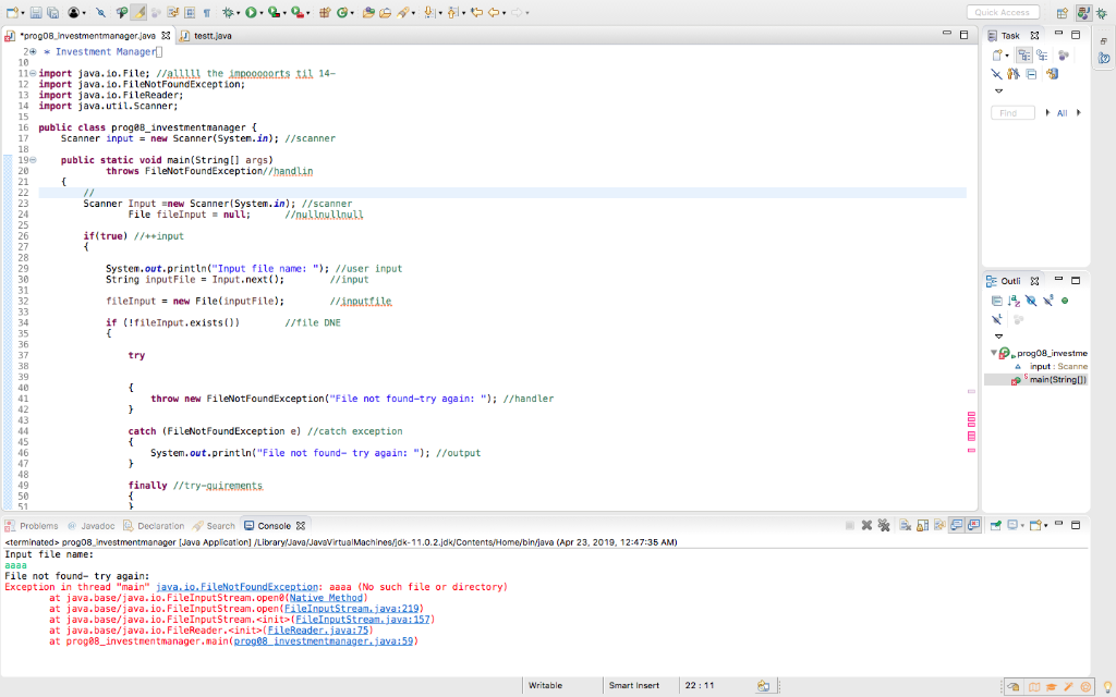 2 Quick Access Investment Managerl 10 11e inport java.io.File; //all the inpoggorts til 14 12 inport java.io. FileNotFoundExc