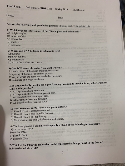 Solved Final Exam Cell Biology (BIOL 326) Spring 2019 Dr....