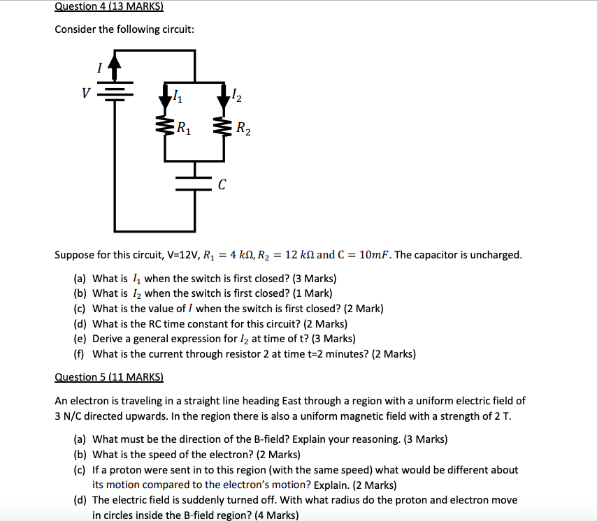 Consider the following circuit: 2 1 2 Suppose for this circuit, V-12V, R1-4 kQ, R2-12 kΩ and C-10mF. The capacitor is uncharg