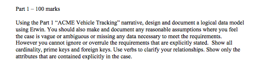 Part 1 100 marks Using the Part 1 ACME Vehicle Tracking narrative, design and document a logical data model using Erwin. Yo