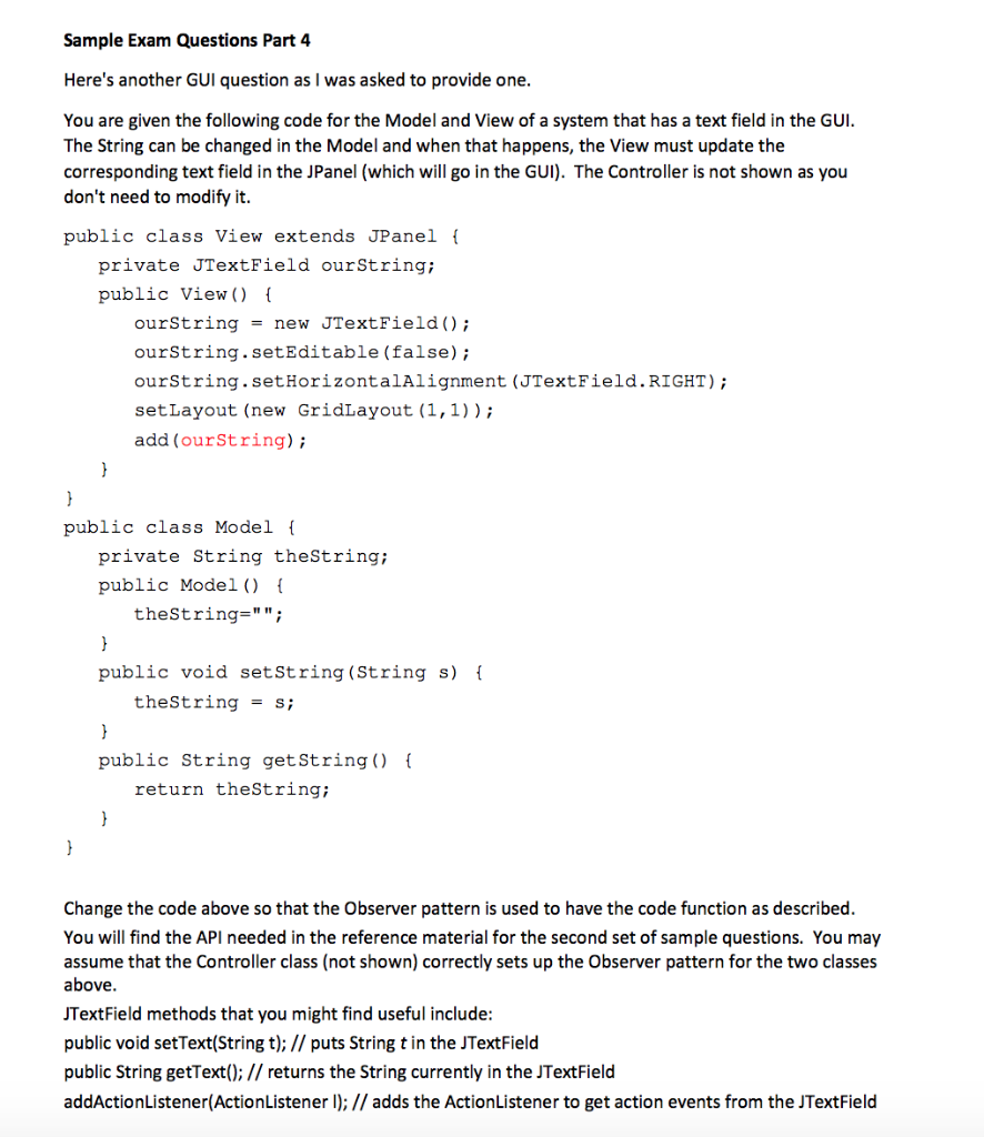 Sample Exam Questions Part 4 Heres another GUI question as I was asked to provide one You are given the following code for t