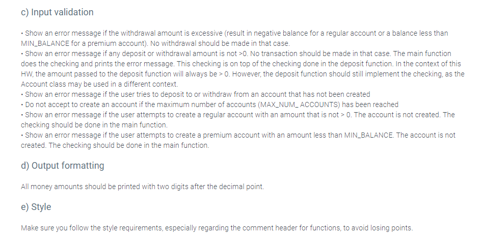 c) Input validation .Show an error message if the withdrawal amount is excessive (result in negative balance for a regular ac