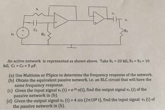 C2 C1 Vs An active network is represented as shown above. Take RL 20 k2, R1-R2 10 (a) Use Multisim or PSpice to determine the