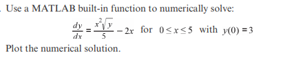 Use a MATLAB built-in function to numerically solve dy dx for with 0£1-5 y(0)=3 2x = Plot the numerical solution