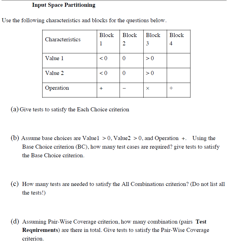 Input Space Partitioning Use the following characteristics and blocks for the questions below BlockBlock Block Block Characte
