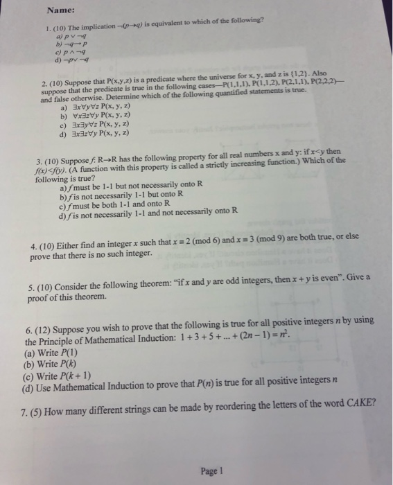 Solved Name 1 10 Implication P G Equivalent Following Apvng 2 10 Suppose P Xy Z Predicate Univers Q