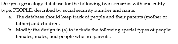 Design a genealogy database for the following two scenarios with one entity type: PEOPLE, described by social security number and name. The database should keep track of people and their parents (mother or father) and children Modify the design in (a) to include the following special types of people: females, males, and people who are parents. a. b.