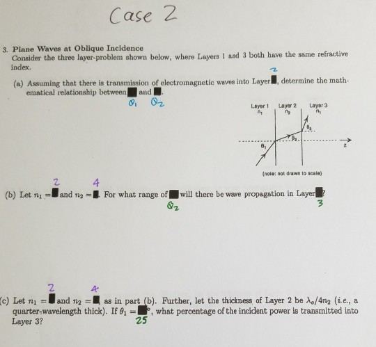 Case 2 3. Plane Waves at Oblique Incidence Consider the three layer-problem shown below, where Layers 1 aad 3 both have the same refractive index. (a) Assuming that there is transmission of electroinagnetic waves into Layer, determine the math- ematical relationship between and Layer 1 Layer 2 Layer 3 P2 8, (note: not drawn to scale) 2. 4 (b) Let nanFor what range of will there be ware propagation in Layer &2 2 eLet and nas in part (b). Further, let the thickness of Layer 2 be Ao/4n2 (ie, a what percentage of the incident power is transmitted into quarter-wavelength thick). Ifo,- Layer 3? 25