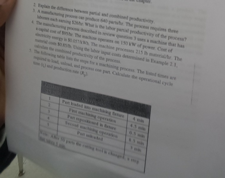t Chapter 2 Exylain the differace hetwen pertal and combined productivity 1 A mamafacturing precess can produce 640 partsh. The process requires three 4 The manufacturing process described in review question 3 uses a machine that has material conts S0 .85/b. Using the labor input costs determined in Example 2.1, S The following table lists the steps for a machining process. The listed times are laberen esch eaming $26hr Whet is the lsbor partial productivity of the process? a capital cost of $9Shr The machine operstes on 150 KW of power Cost of electricity energy is $0.057/A 

<div class=